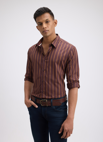 Men Brown Stripe Full Sleeve Shirt