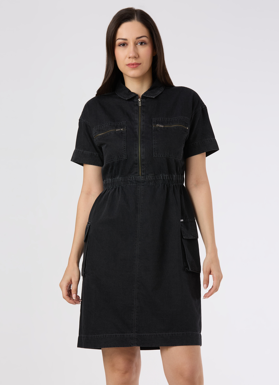 Women Black Denim Utility Dress With Zip Front And Cargo Pockets, , large image number 1