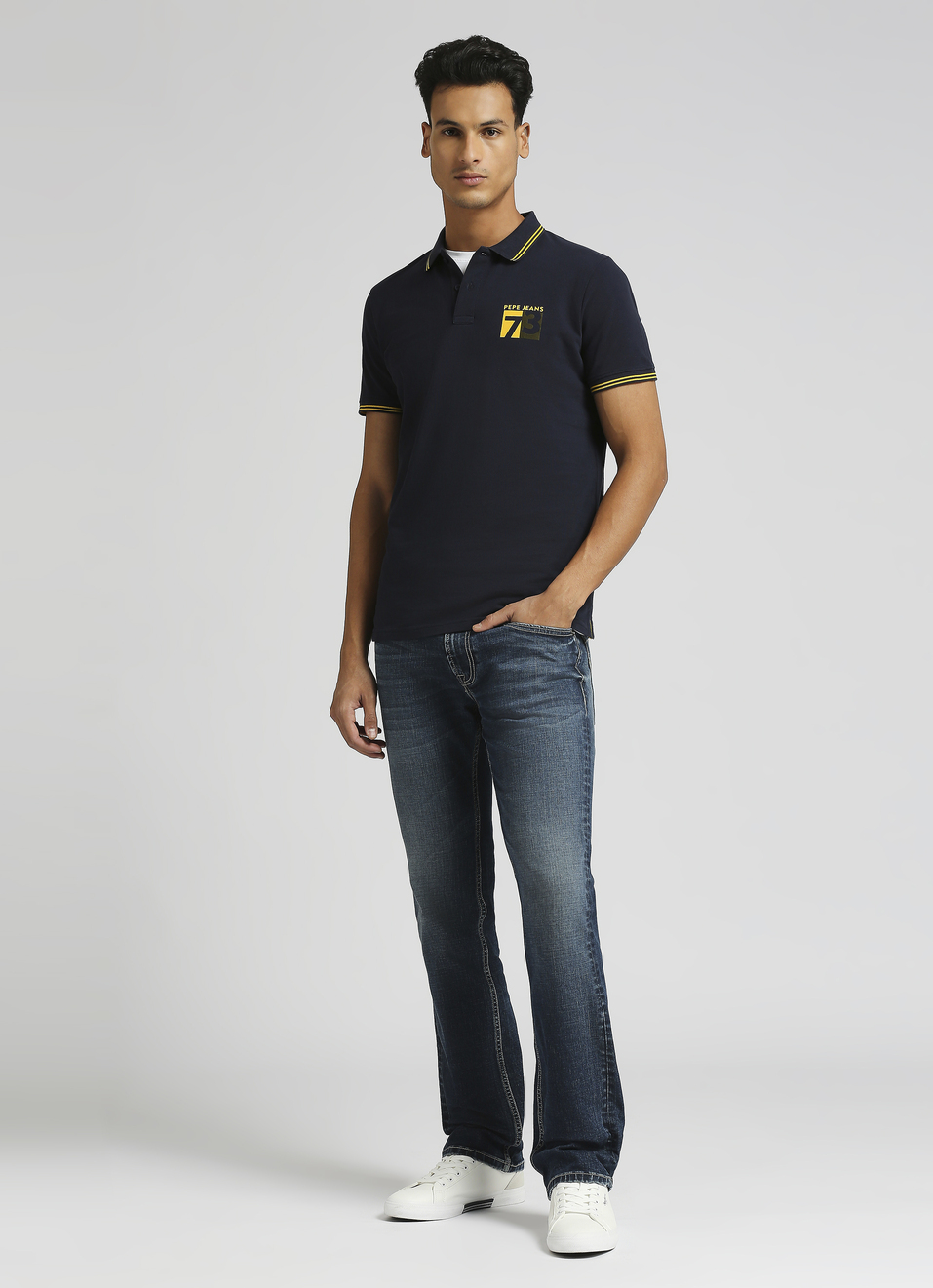 Navy Flock Print Contrast Tipping Detail Polo, , large image number 5