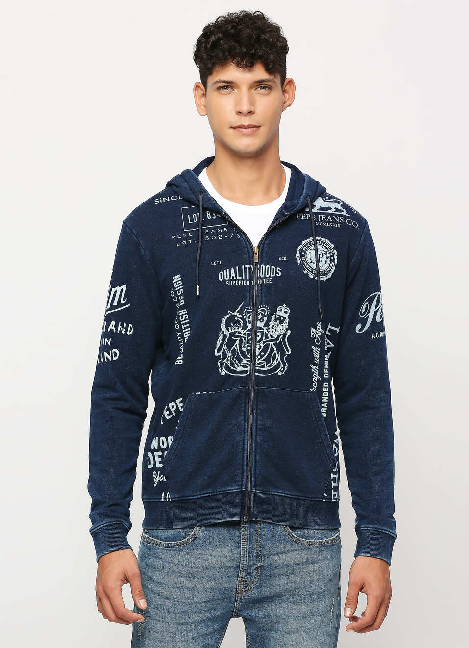 Indigo Zip Thru Printed Hooded Sweatshirt, , large image number 1