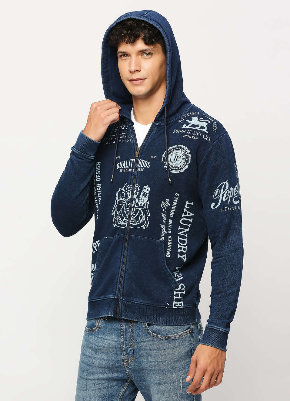 Indigo Zip Thru Printed Hooded Sweatshirt, , large image number 3