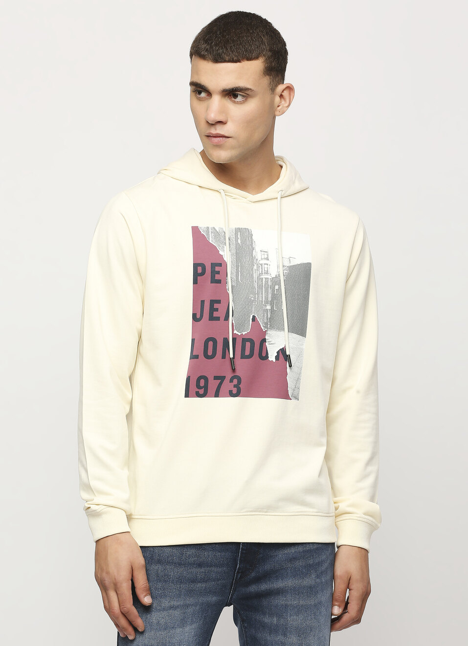 White Printed Hooded Sweatshirt, , large image number 1