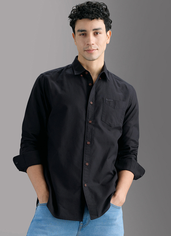 Men Black Solid Regular Button-down Collar Shirt