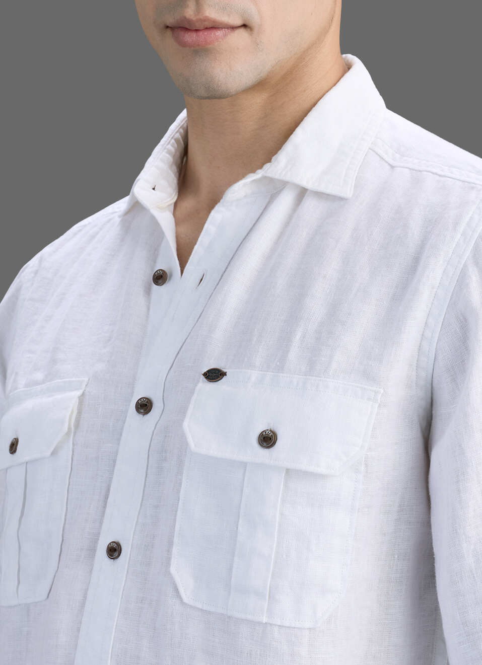 Men White Solid Pure Linen Safari Long Sleeve Shirt, , large image number 1