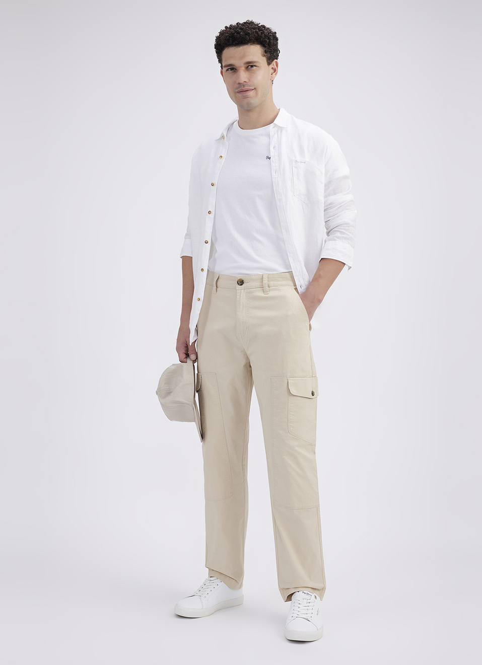 Men Ecru Mid Rise Stretch Cargos, , large image number 1