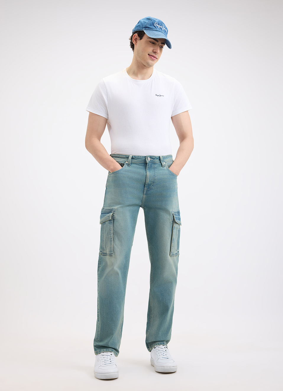 Men Blue Straight Fit Mid Rise Cargo Jeans, , large image number 1