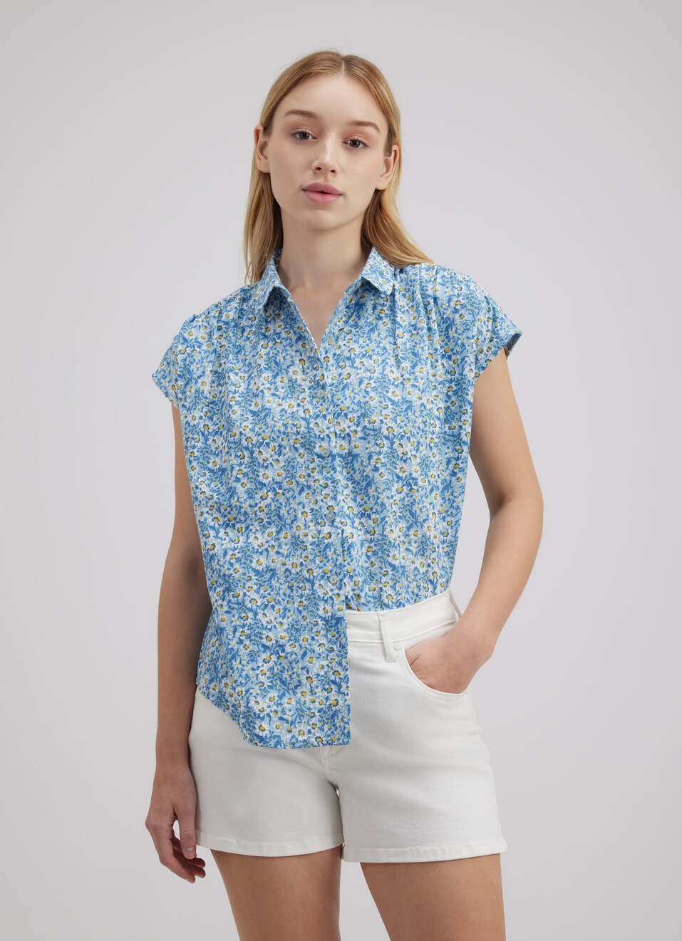 Women Blue Floral Print Short Sleeve Shirt, , large image number 0