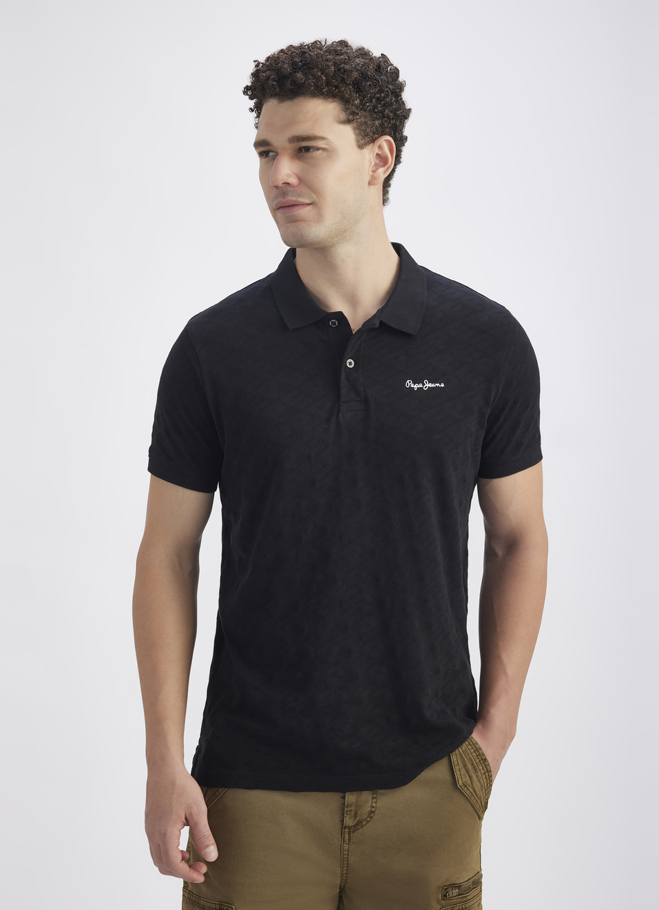 Men Black Ribbed Collar Short Sleeve Polo, , large image number 1