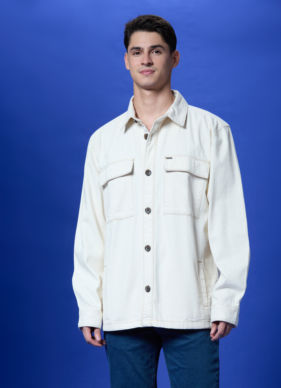 Ecru Cargo Pocket Full Sleeve Oversized Shirt, , large image number 1