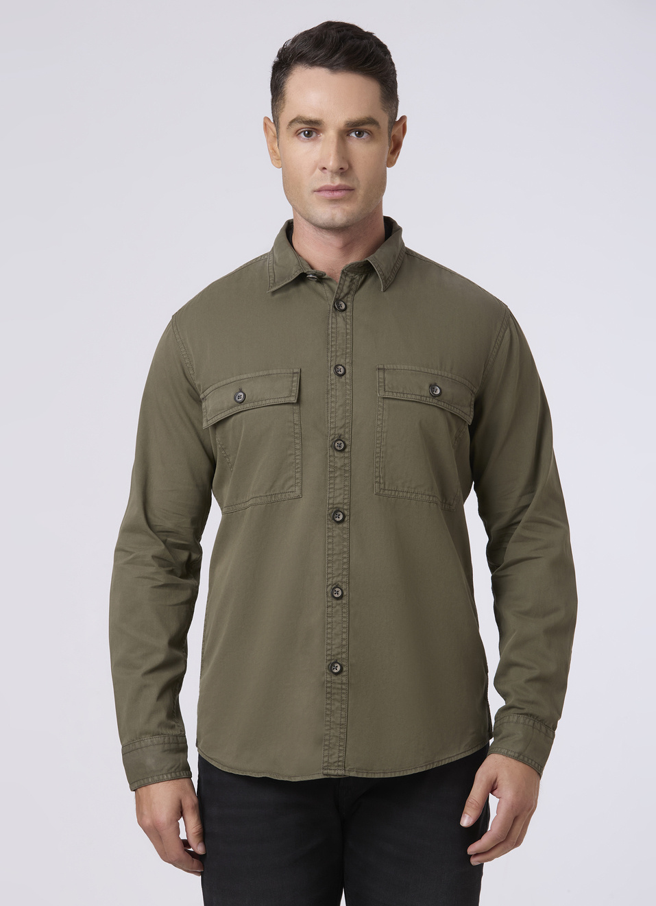 Men Olive Flap Utility Pockets Casual Shirt, , large image number 1