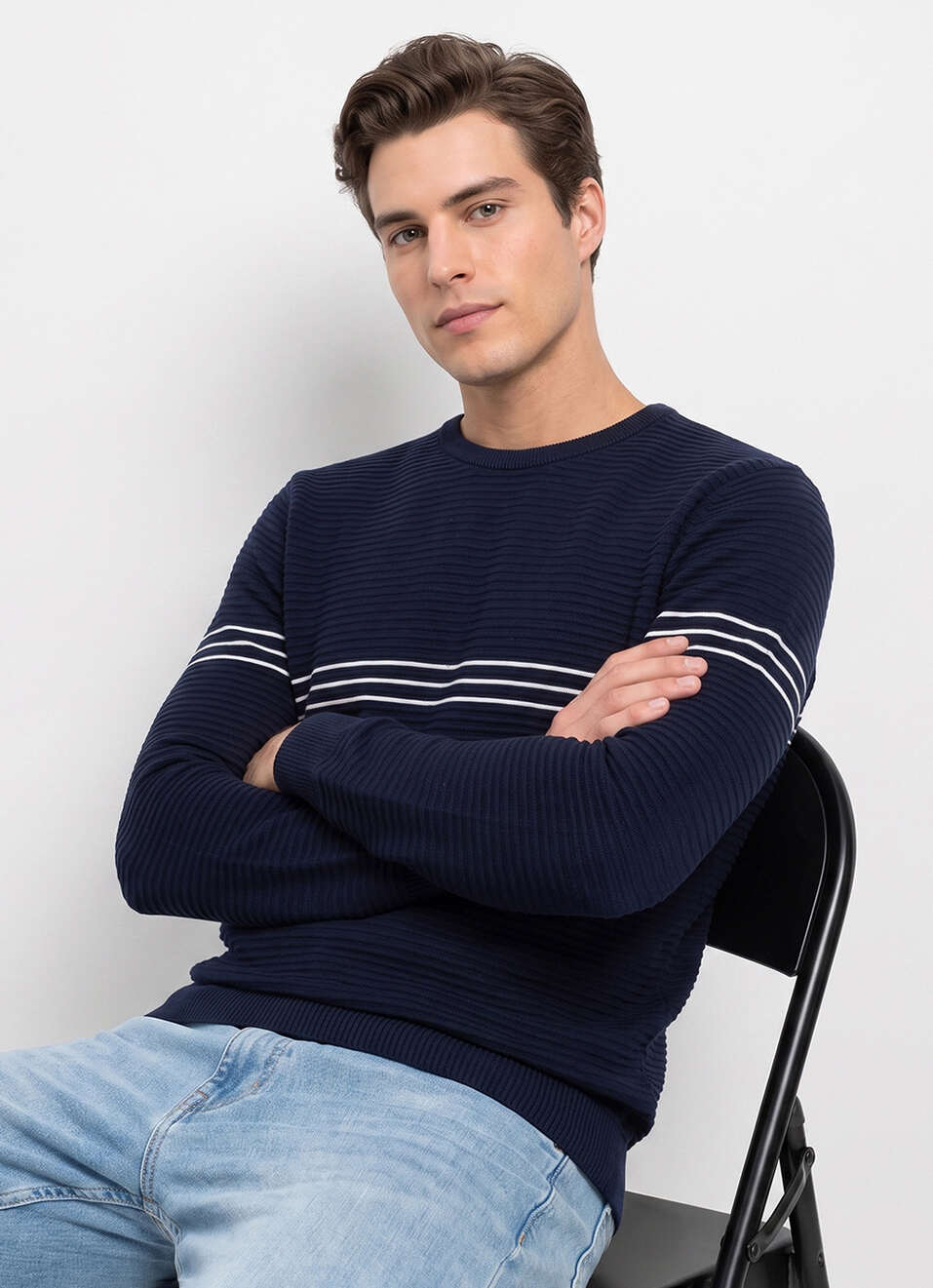 Men Blue Striped Full Sleeve Flat Knit Sweater, , large image number 0