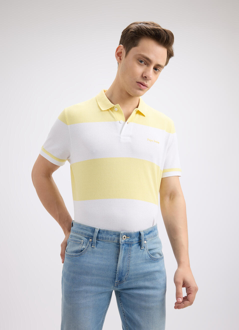 Men Yellow Stripe Short Sleeve Polo, , large image number 0