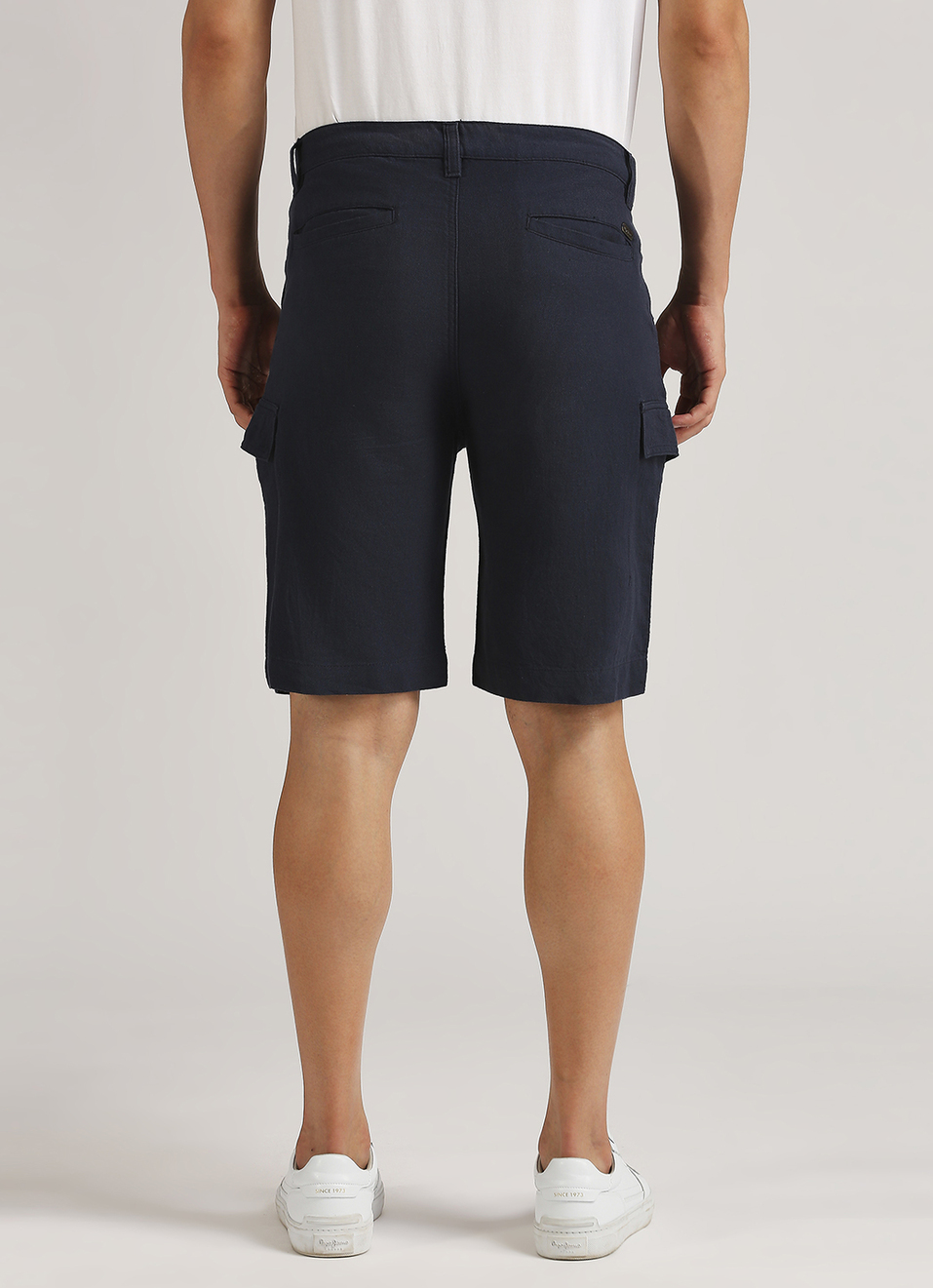 Navy Back Welt Pockets Linen Cargo Shorts, , large image number 2