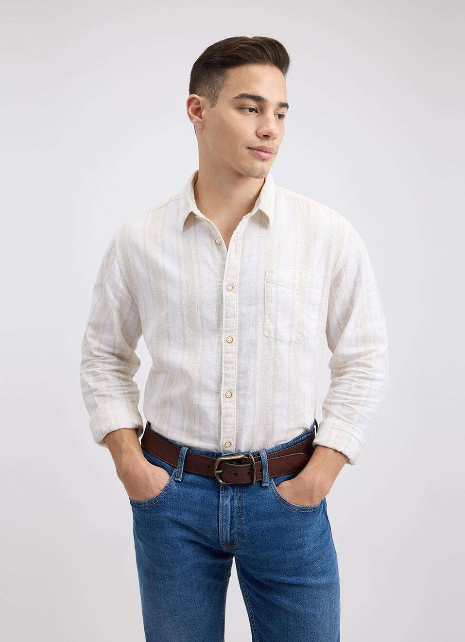 Men Beige Stripe Full Sleeve Shirt, , large image number 0
