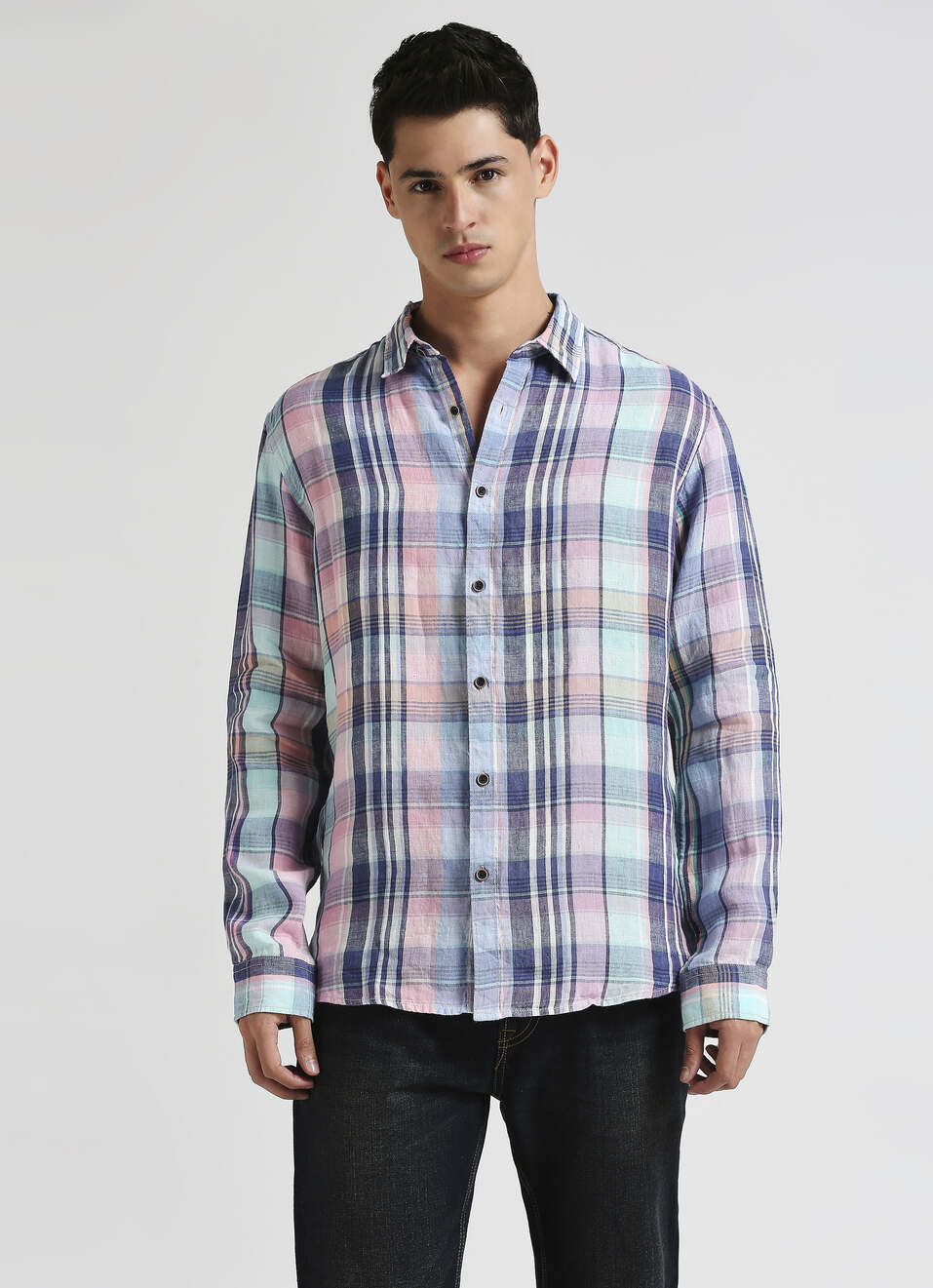 Blue Checks Pure Linen Long Sleeve Shirt, , large image number 1