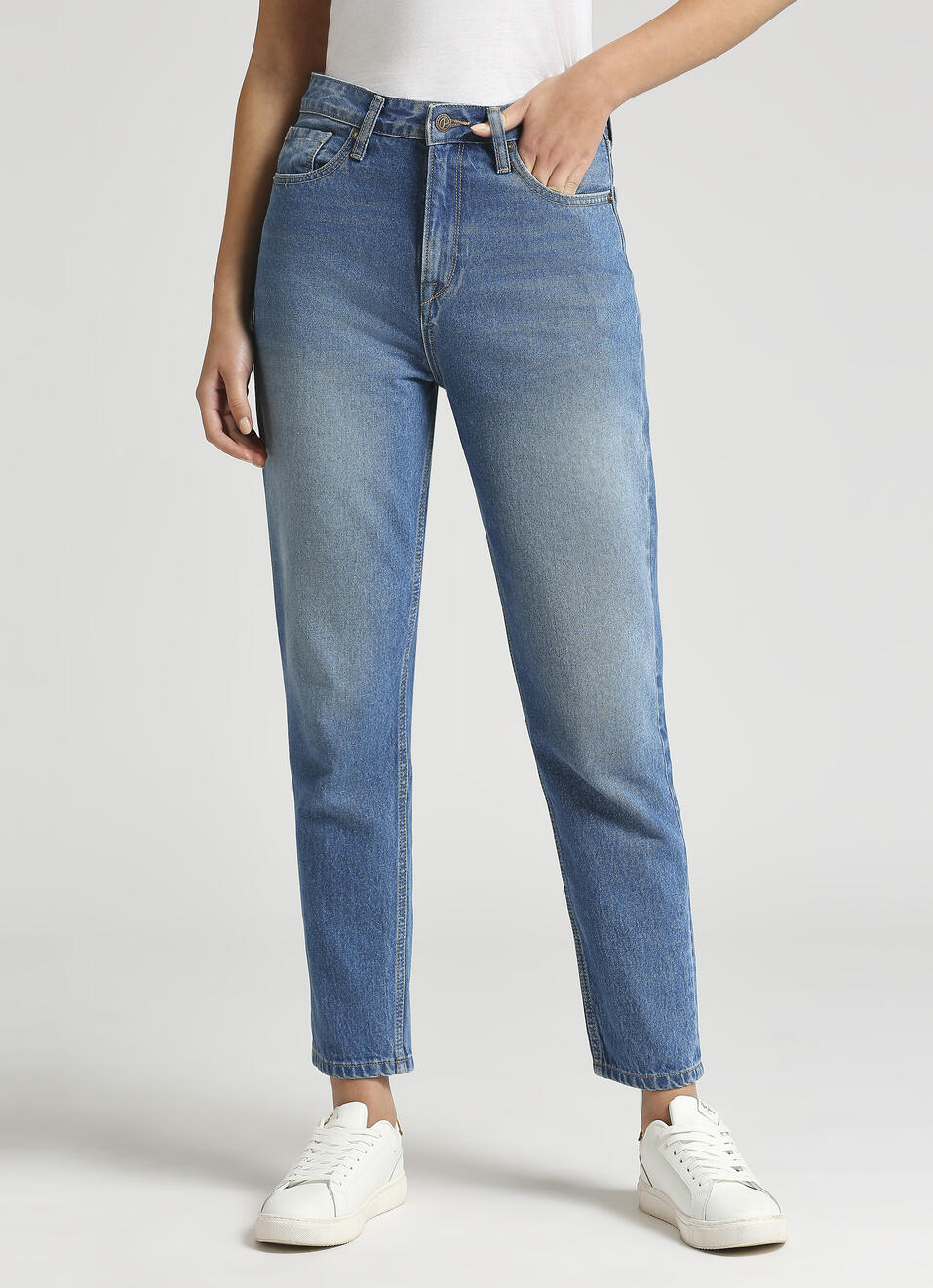 Light Blue Mid Waist Mom Fit Jeans, , large image number 1