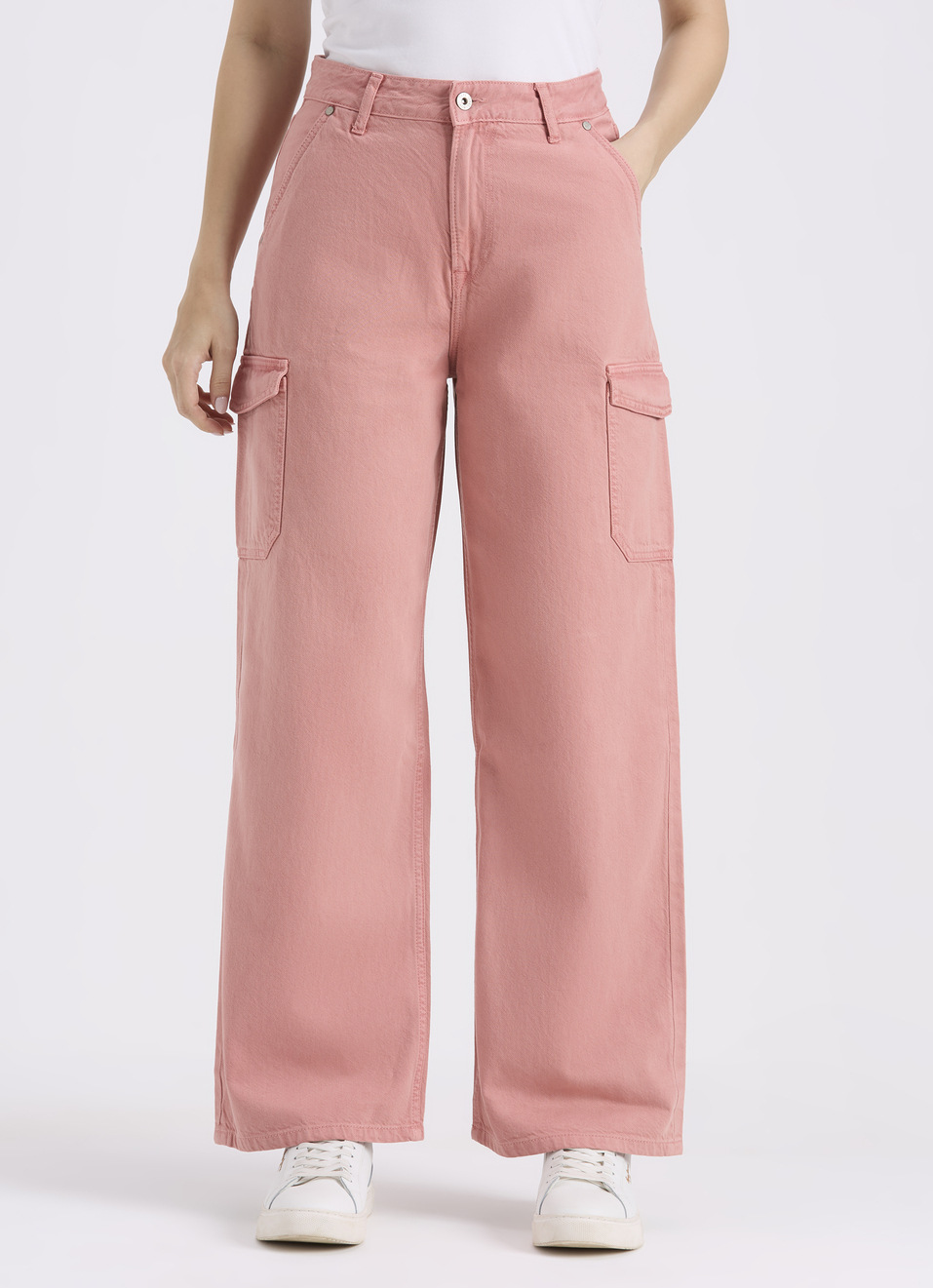 Women Pink Straight Fit High Rise Cargo Jeans , , large image number 1