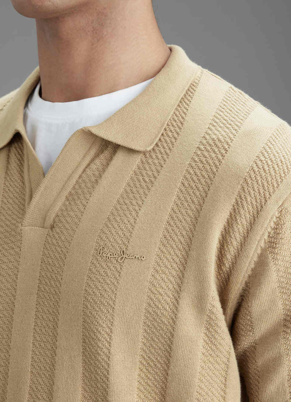 Men Beige Regular Fit Short Sleeve Textured Knitted Polo, , large image number 1