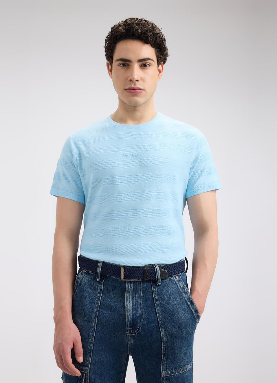Men Blue Stripe Short Sleeve T-shirt, , large image number 0