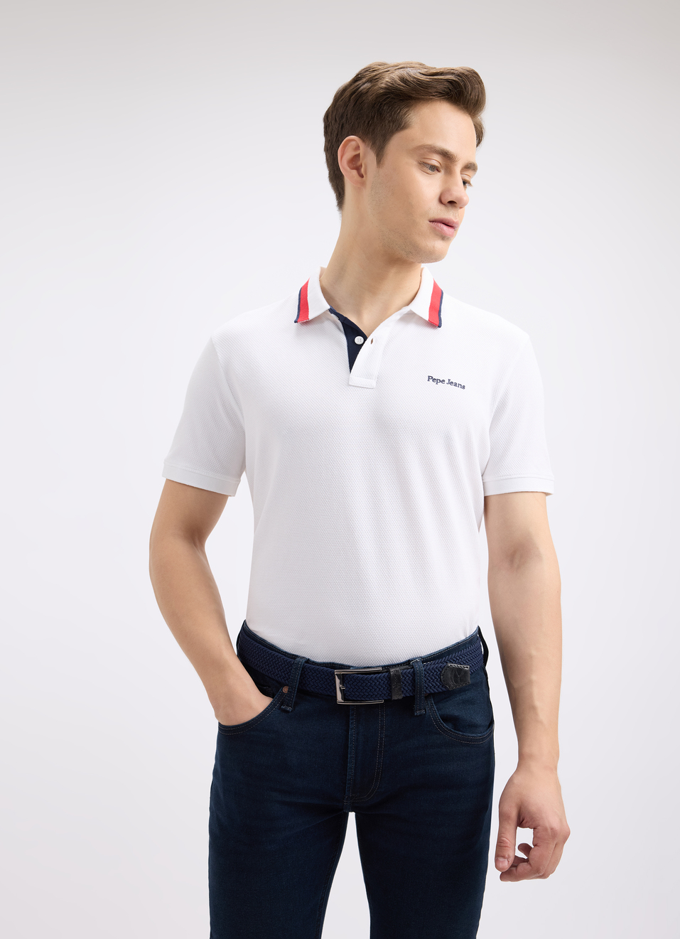 Men White Branded Collar Short Sleeve Polo, , large image number 0