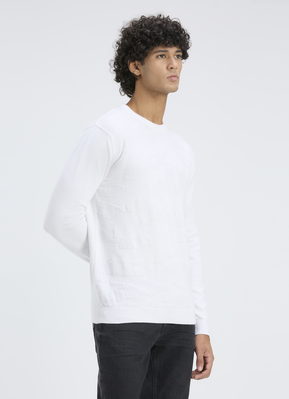 Men White Self Structure Full Sleeve Flat Knit Sweater, , large image number 3
