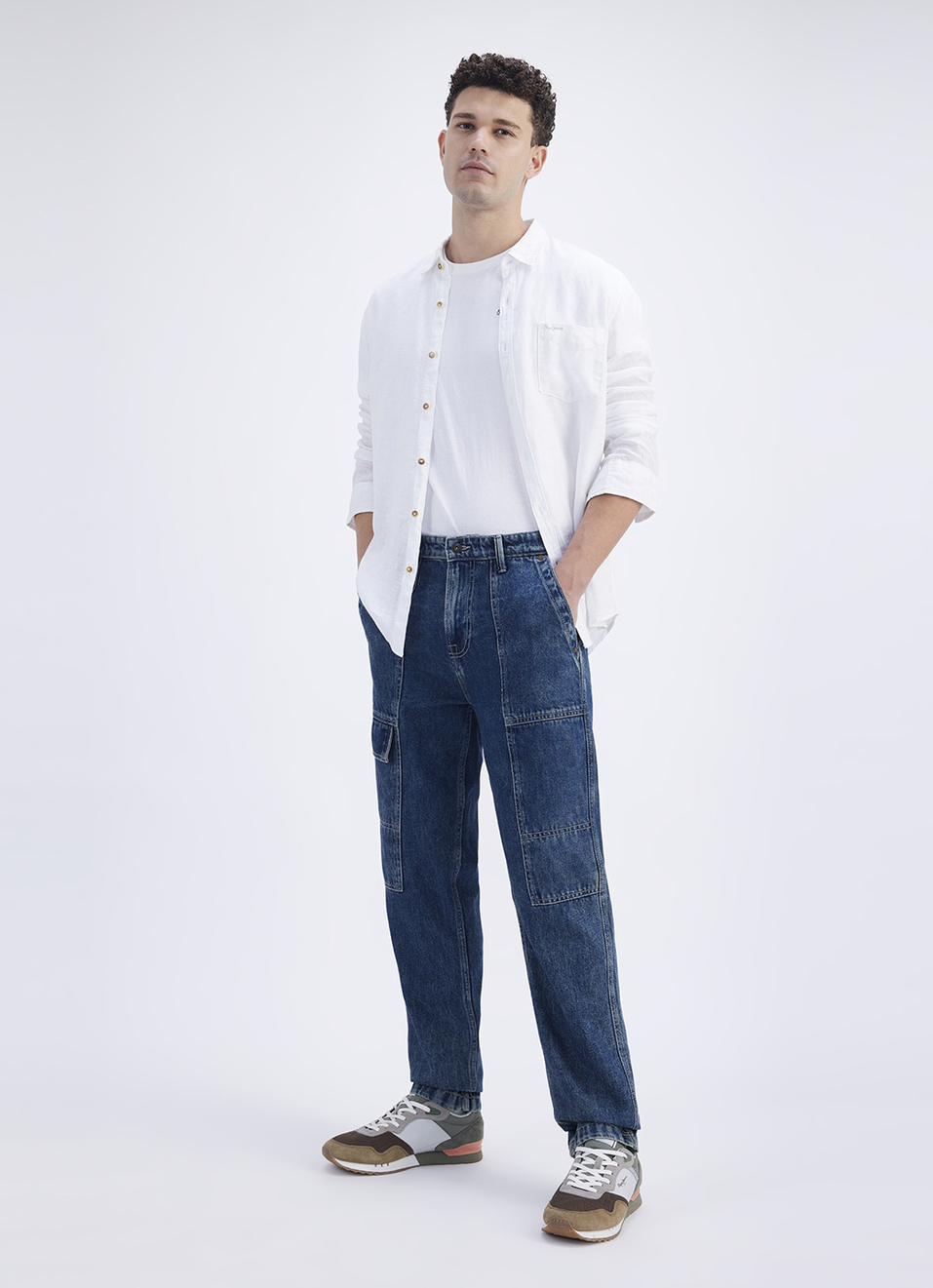 Men Blue Straight Fit Mid Rise Cargo Jeans, , large image number 1