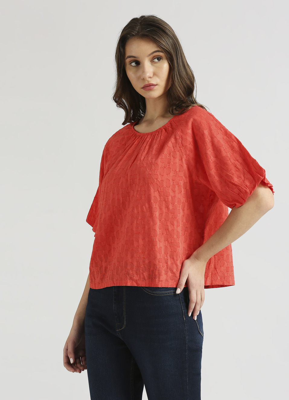 Red Self Design Raglan Puff Sleeve Top, , large image number 3