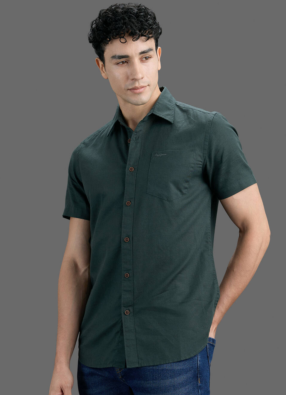 Men Dark Green Solid Cotton Linen Shirt, , large image number 7
