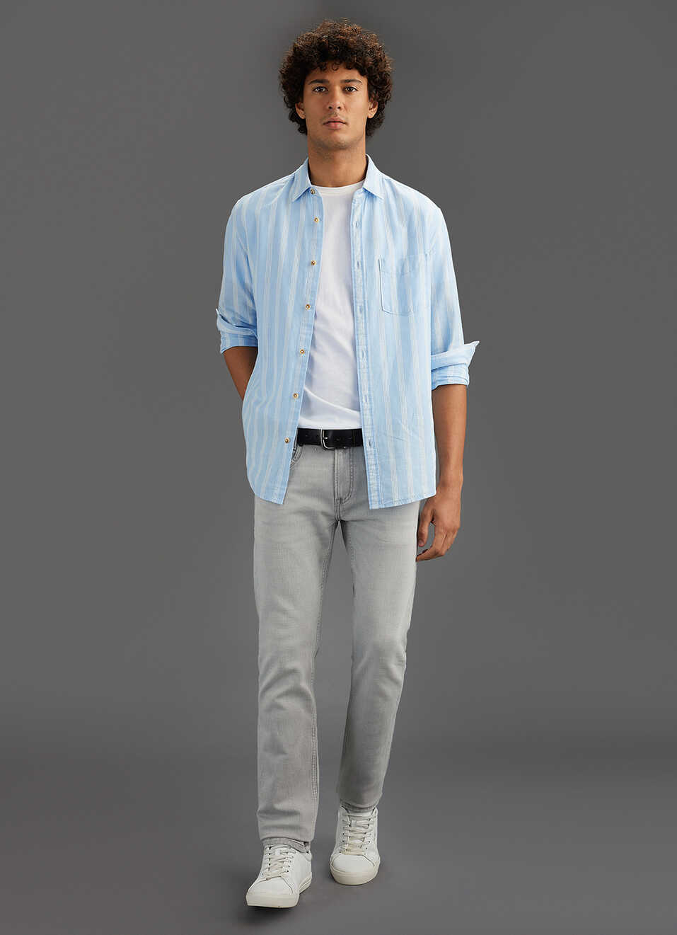 Men Sky Blue Striped Regular Fit Cotton Linen Shirt, , large image number 2
