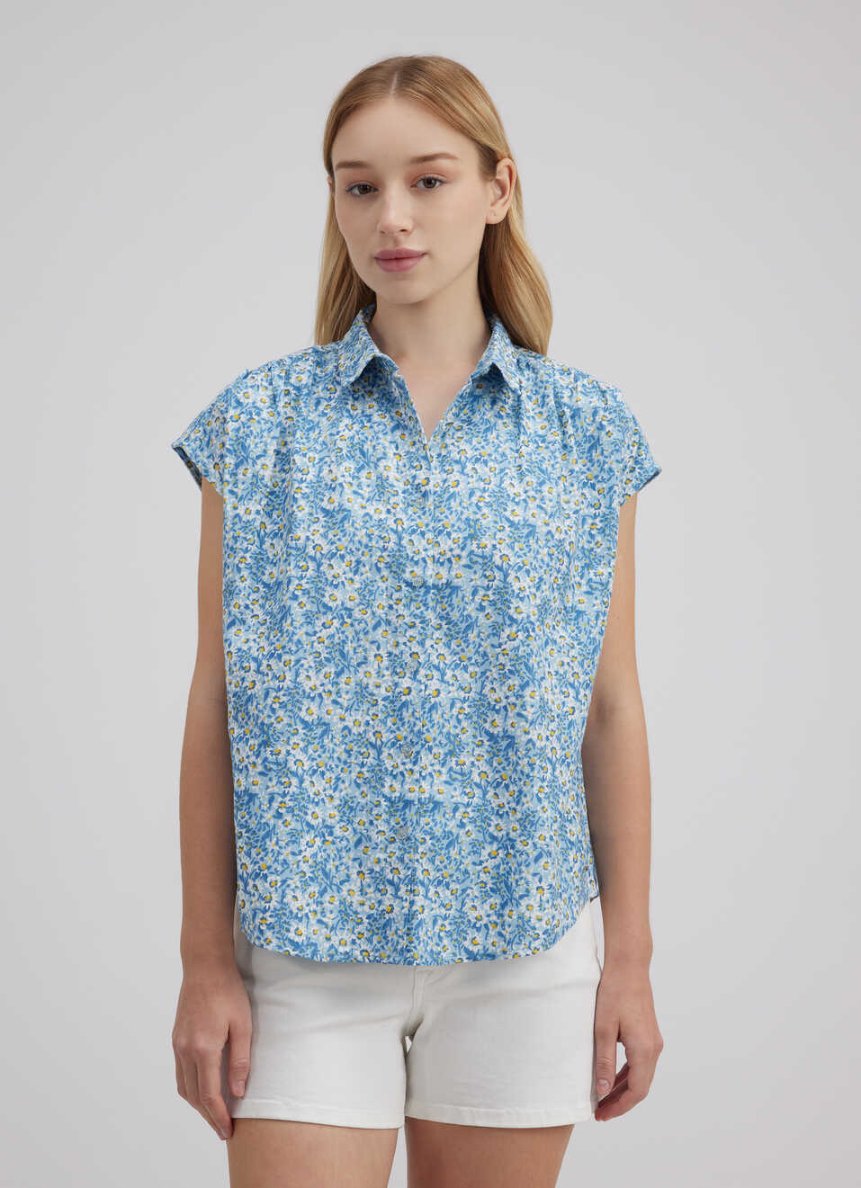 Women Blue Floral Print Short Sleeve Shirt, , large image number 1