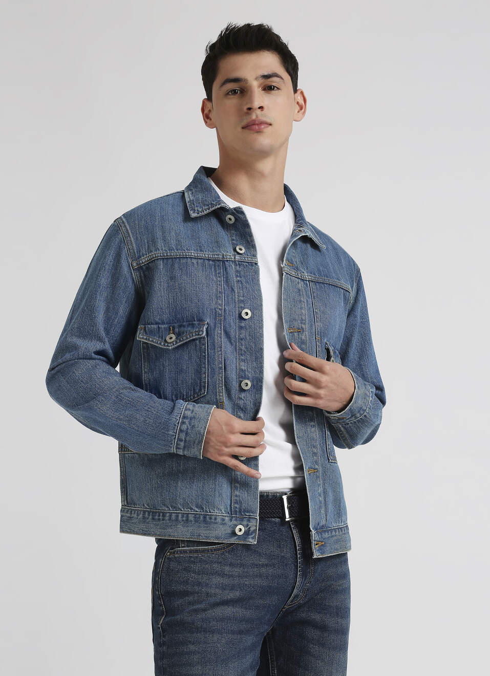 Light Blue Twill Utility Pocket Long Sleeve Trucker Jacket, , large image number 0