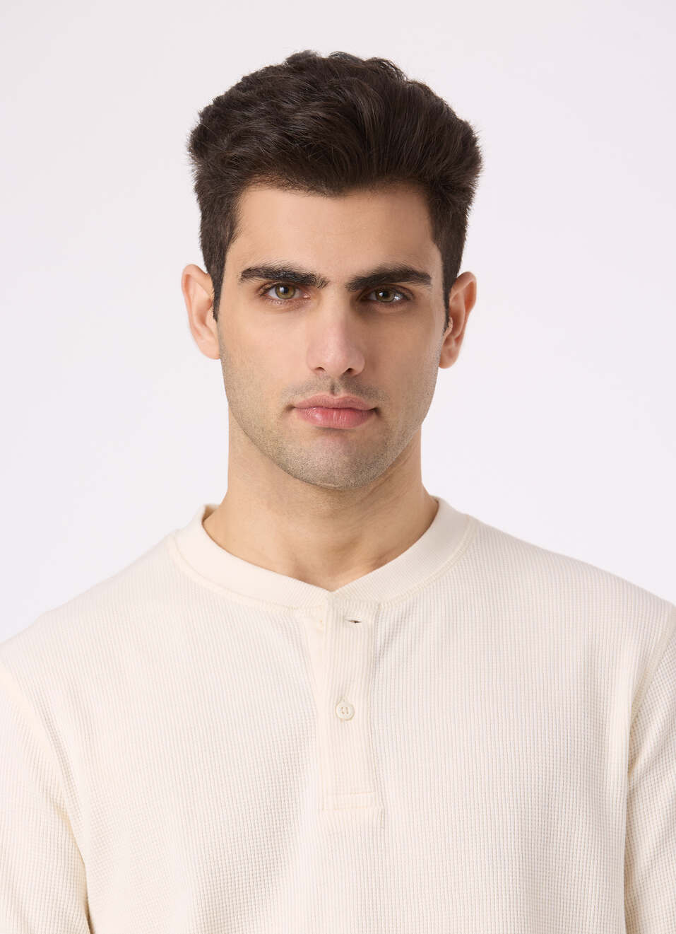 Men Ecru Waffle Knit Henley Neck Full Sleeve T-shirt, , large image number 4