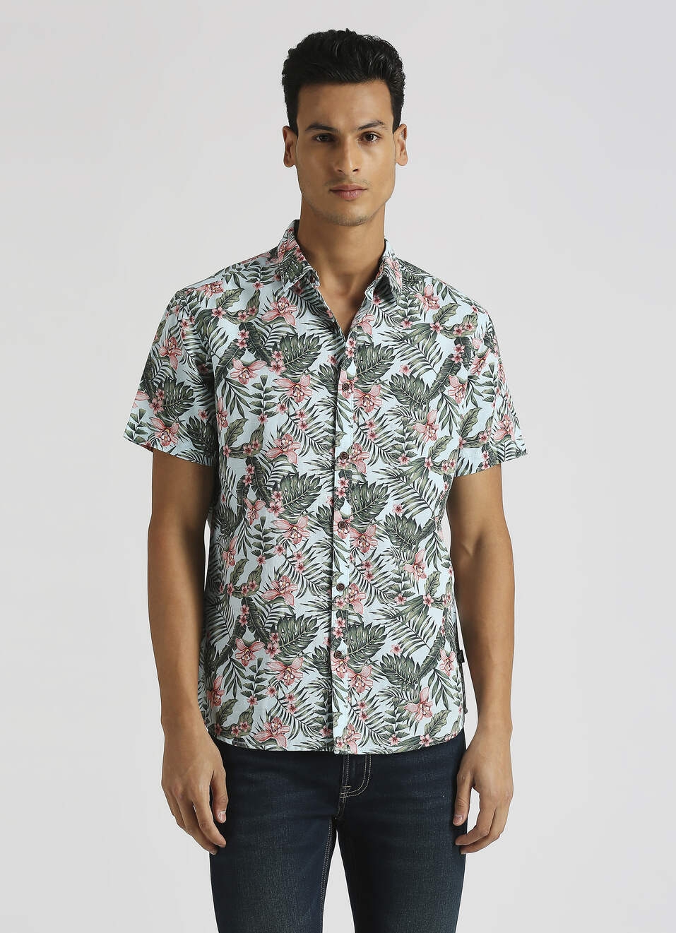 Blue Tropical Print Linen Short Sleeve Shirt, , large image number 1