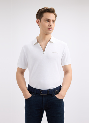 Men White Short Sleeve Zipper Polo