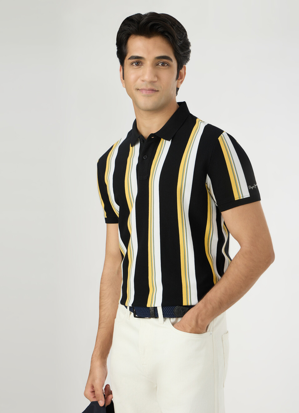 Men Black Striped Polo Collar T-shirt, , large image number 0