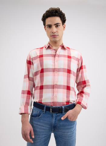 Men Peach Check Full Sleeve Shirt