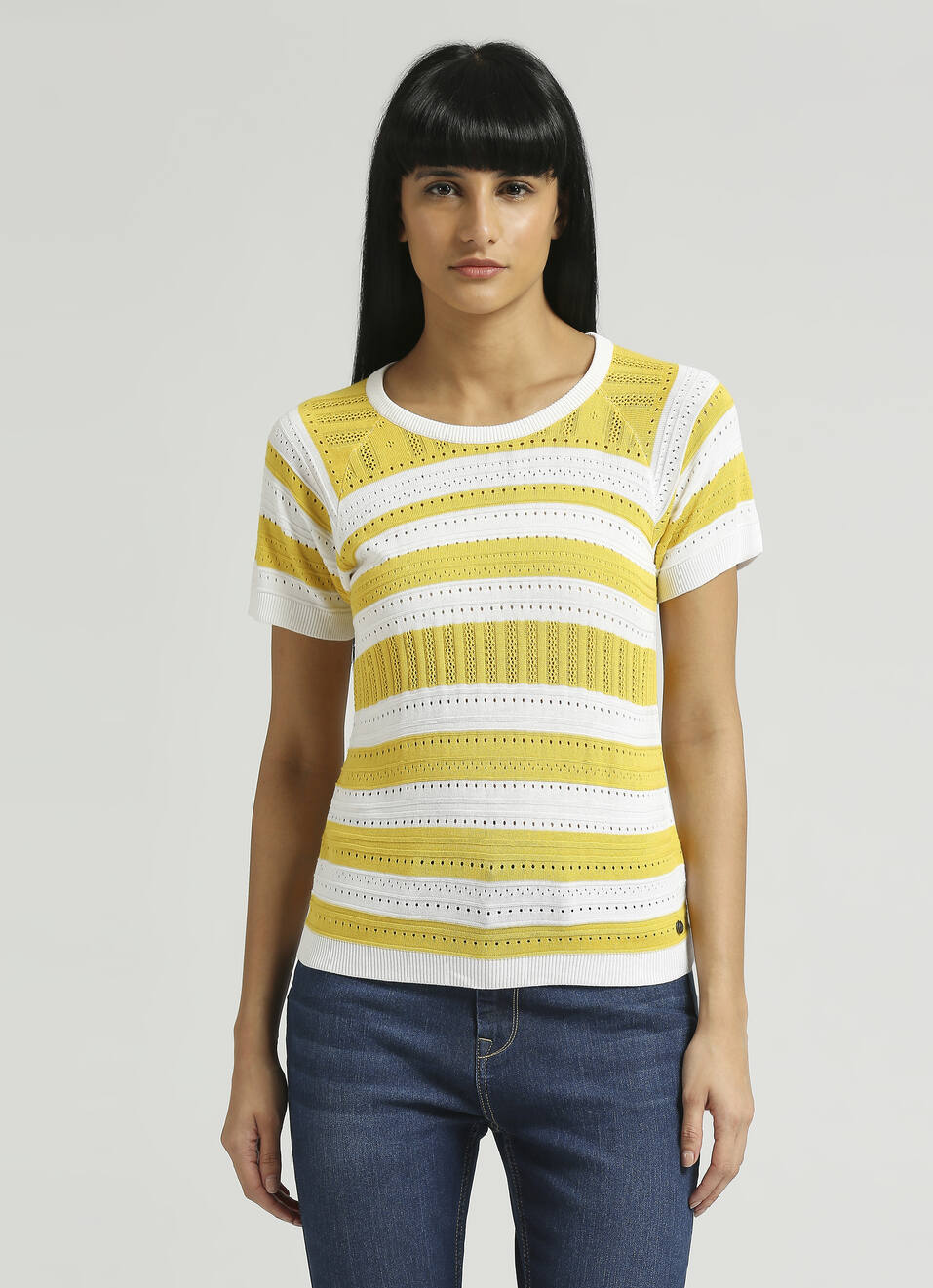 Yellow Stripes Self Design Flat Knit Top, , large image number 1