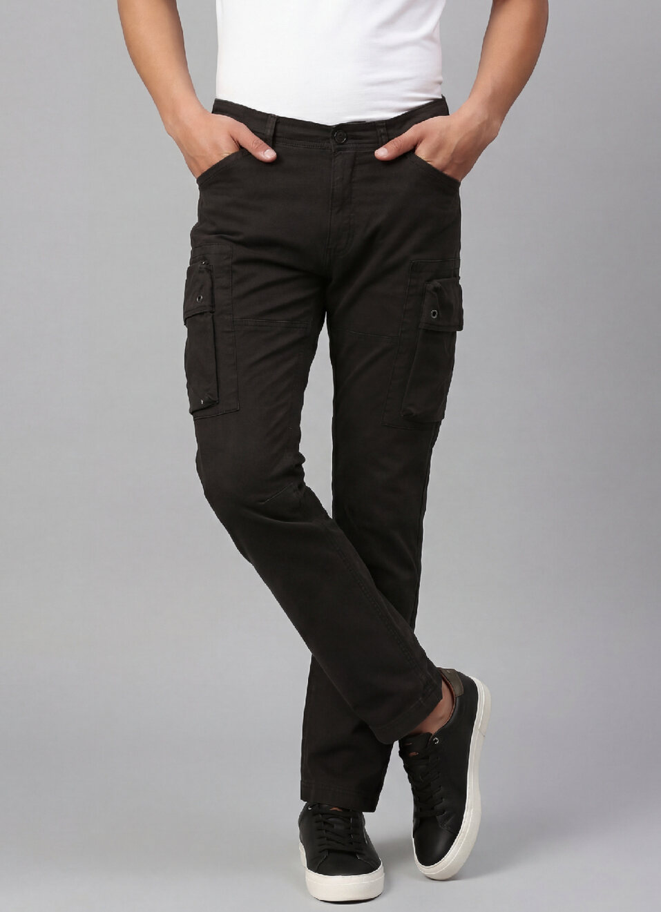 Black Mid Rise Straight Fit Cargo Pants, , large image number 0