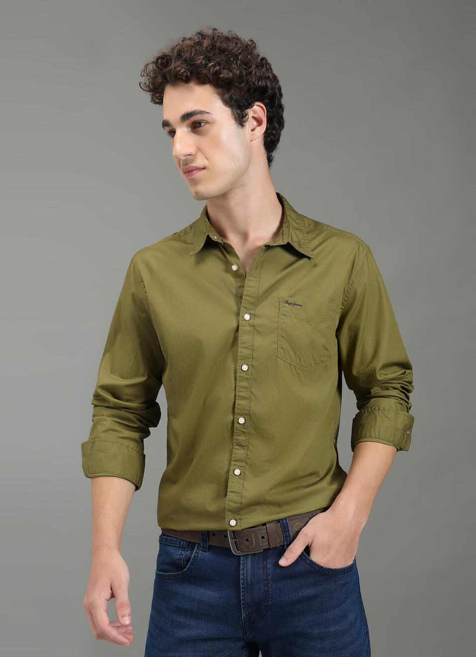 Men Olive Green Solid Shirt, , large image number 0
