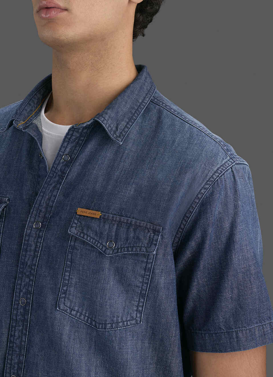 Men Dark Blue Short Sleeve Denim Shirt, , large image number 1