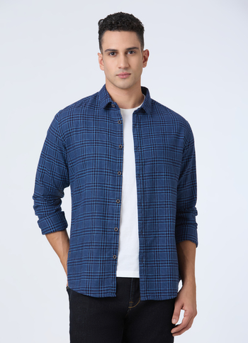 Men Teal Blue Check Full Sleeve Shirt