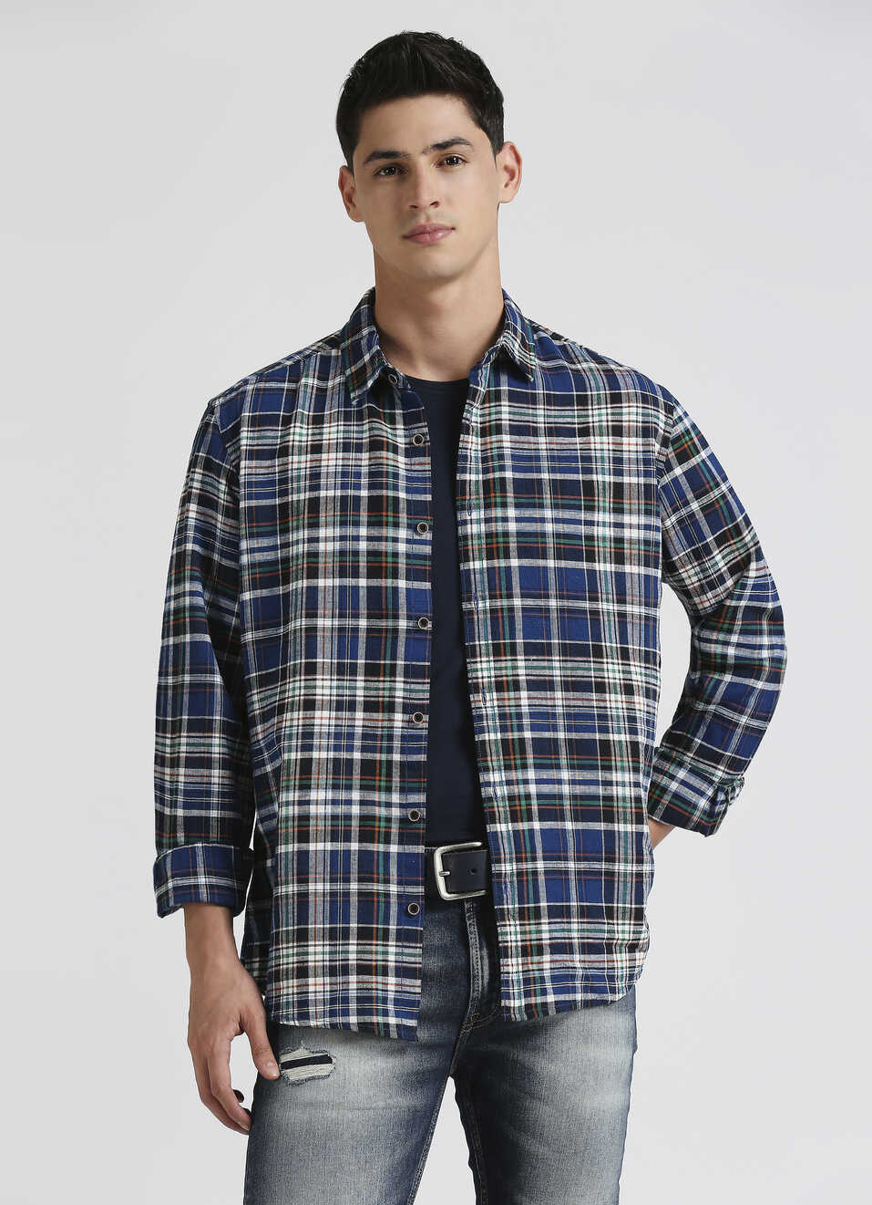 Blue Yarn Dyed Checks Linen Long Sleeve Shirt, , large image number 0