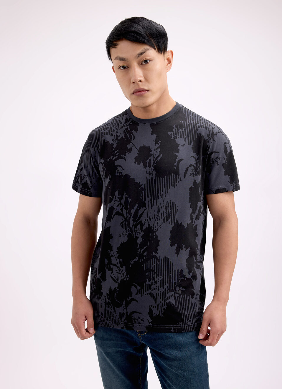 Men Grey Tropical Print Short Sleeve Stretch T-shirt, , large image number 1