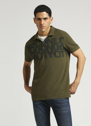 Green Typographic Print Short Sleeve Polo 