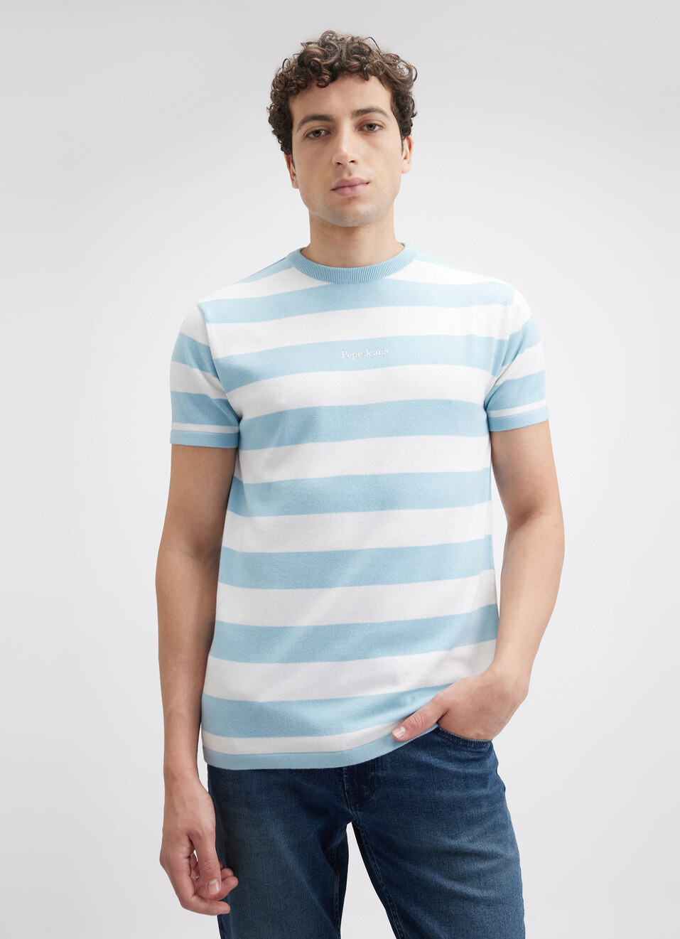 Men Blue Stripe Short Sleeve Flat Knit Polo, , large image number 0