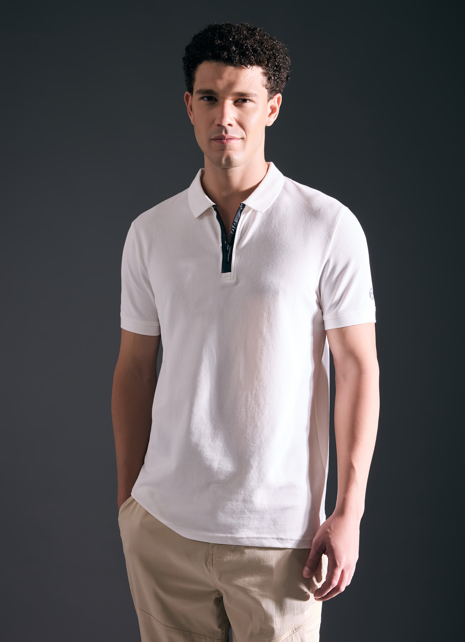 Men Ecru Short Sleeved Zipper Stretch Polo, , large image number 1