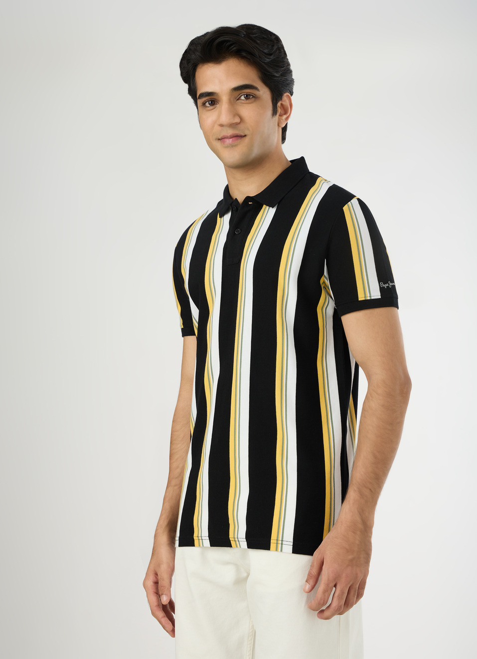 Men Black Striped Polo Collar T-shirt, , large image number 3
