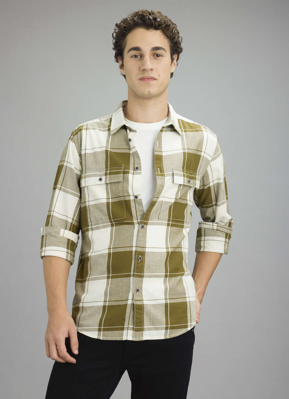 Men Green Check Long Sleeve Shirt, , large image number 0