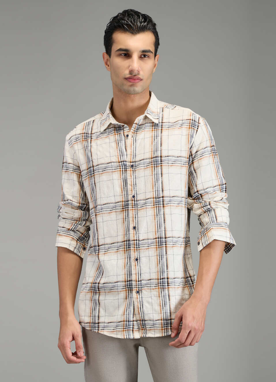 Men Off White Checked Shirt, , large image number 1