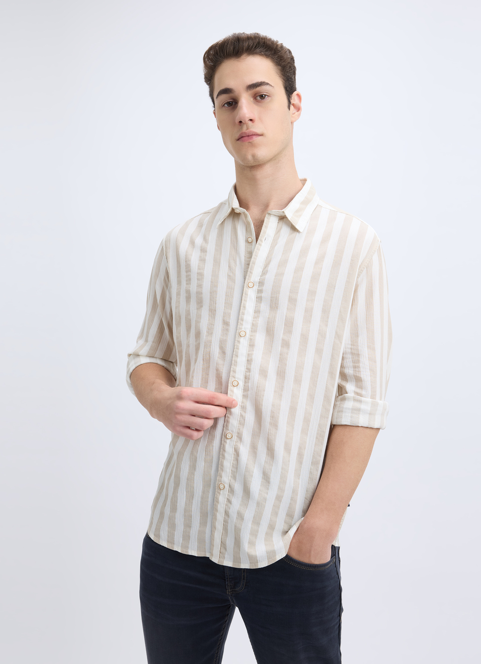 Men Beige Stripe Full Sleeve Shirt, , large image number 0